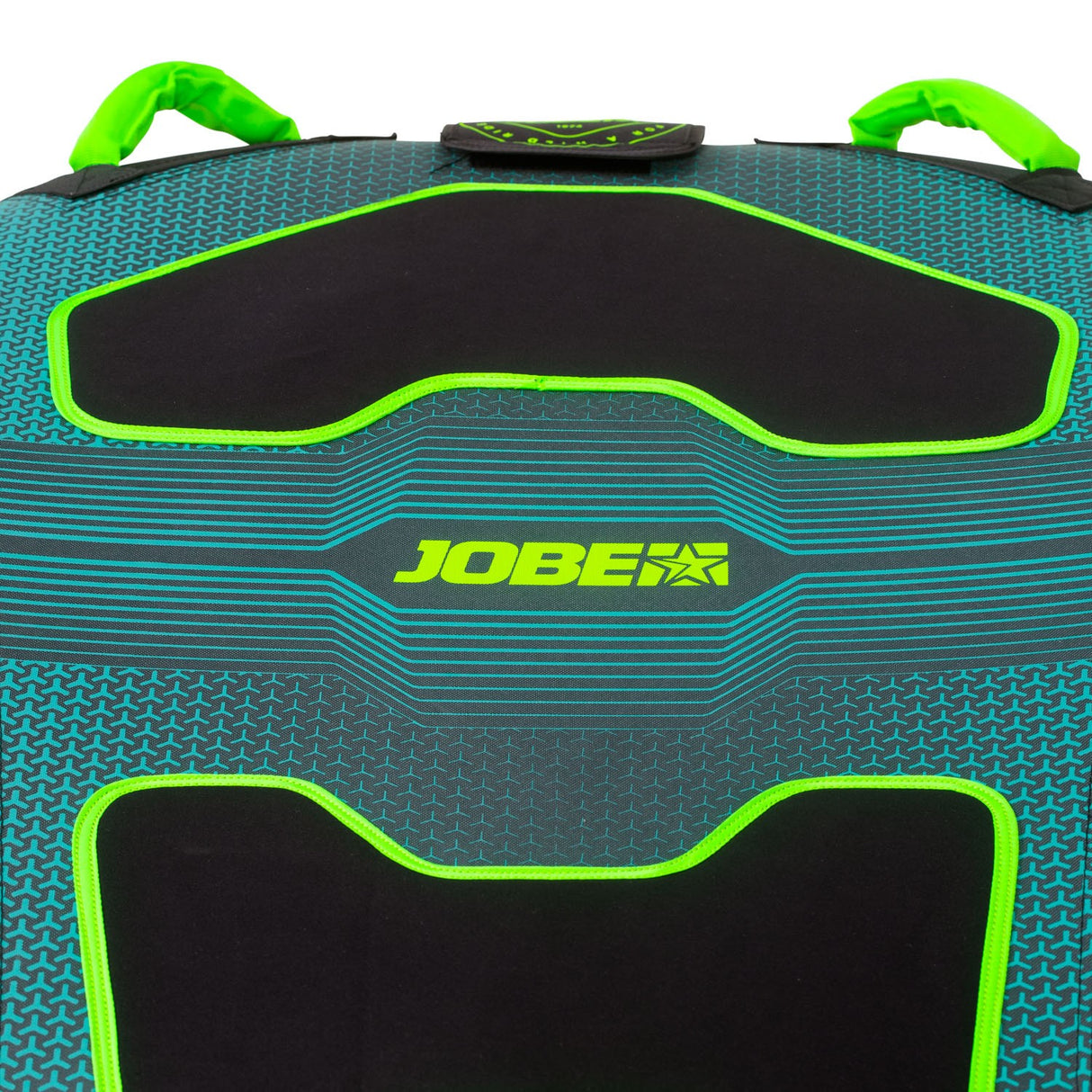 Jobe Hydra Funtube 1P bovenaanzicht met turquoise dessin, zwarte pads, groene handgrepen en Jobe-logo