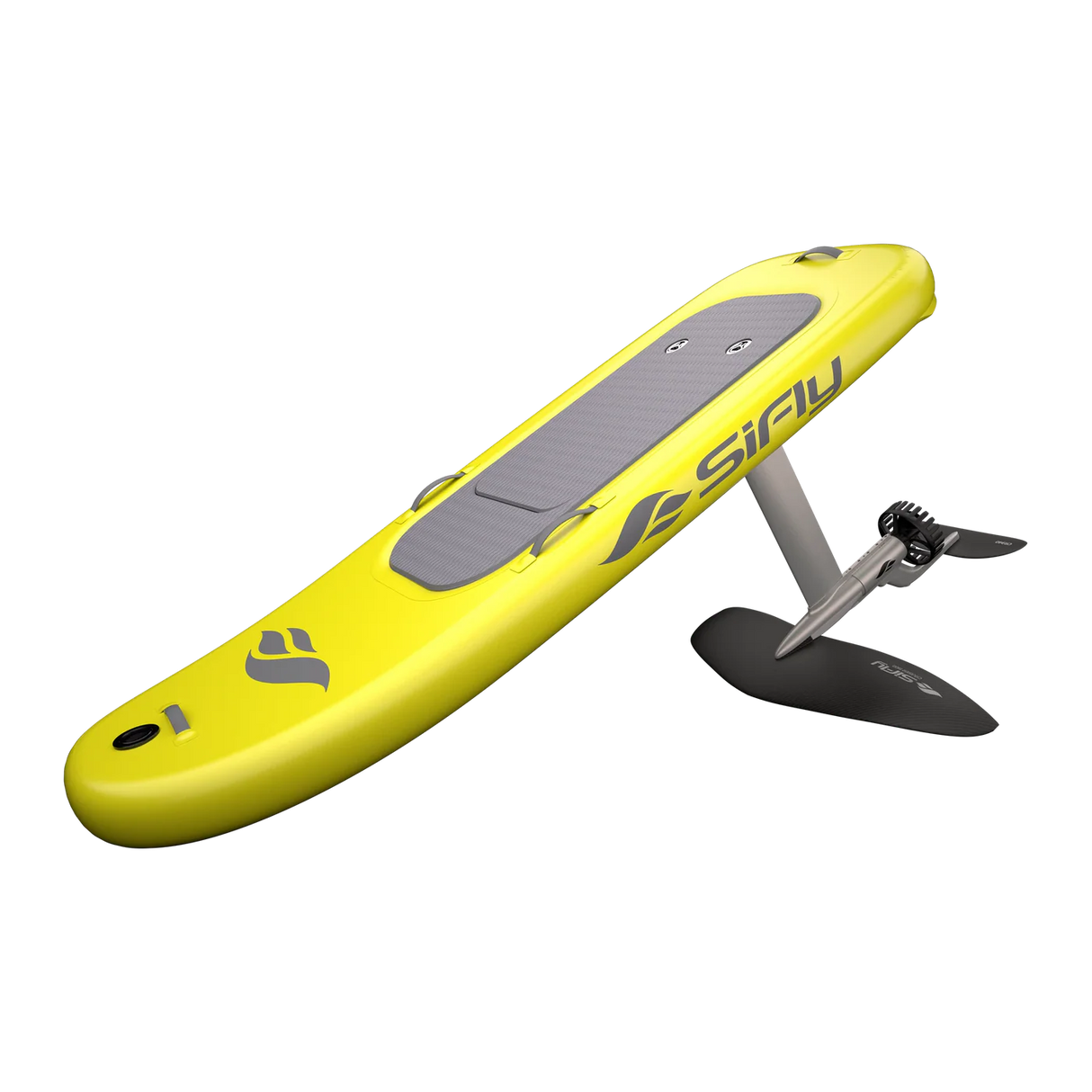 Sifly Lite + eFoil bovenaanzicht, geel board met grijs deck en zwarte hydrofoil