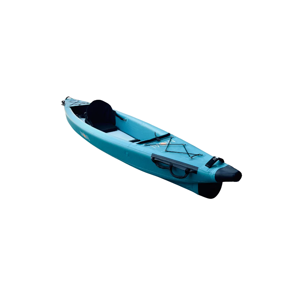 MOAI Kanaloa 1P bovenaanzicht in turquoise met zwarte stoel, bungeekoorden en vin