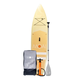 MOAI Sand 10'8 inhoud verpakking met geel SUP-board, peddel, pomp en draagtas