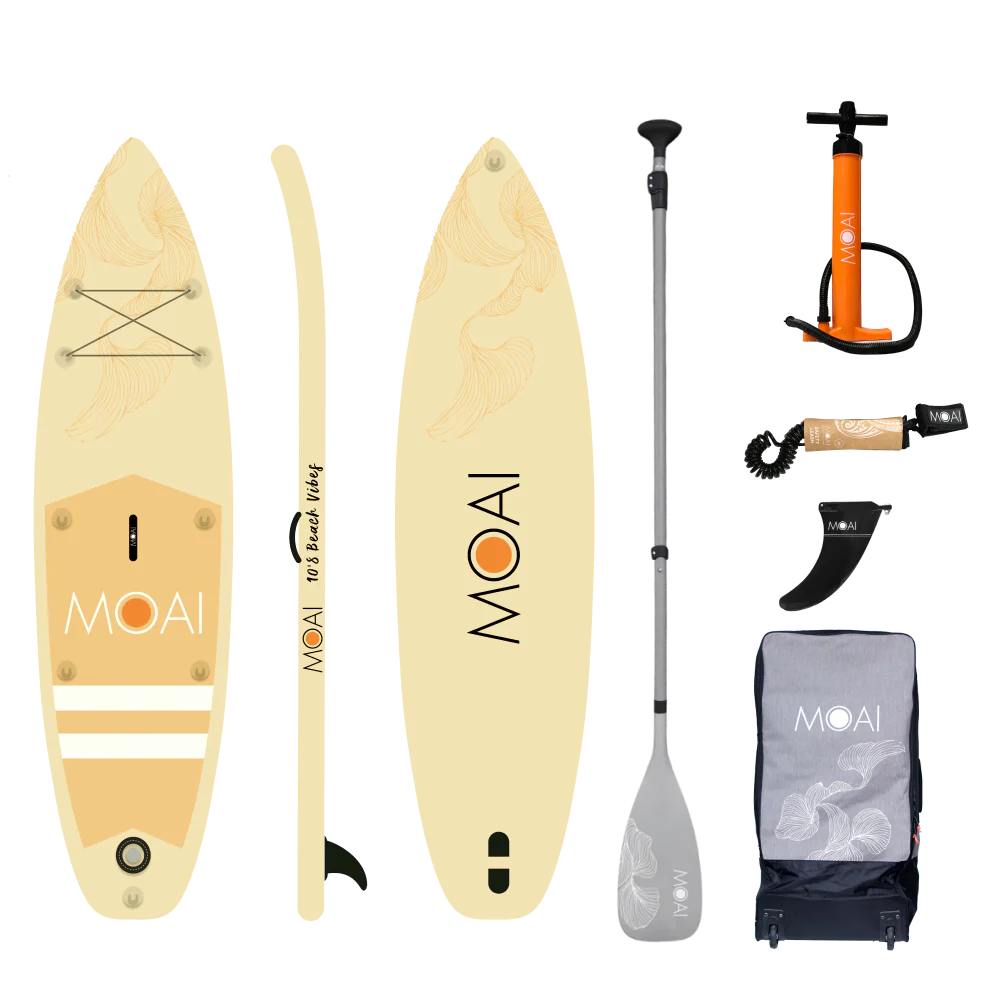 MOAI Sand 10'8 inhoud verpakking met SUP-board, peddel, pomp, leash, vin, repair kit en tas