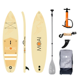MOAI Sand 10'8 inhoud verpakking met SUP-board, peddel, pomp, leash, vin, repair kit en tas