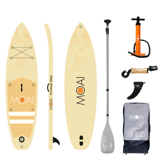 MOAI Sand 10'8 inhoud verpakking met SUP-board, peddel, pomp, leash, vin, repair kit en tas