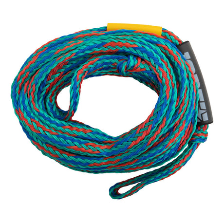 Jobe Funtube Touw 3-4 Persoons boven aanzicht, gevlochten blauw-groen-rood touw met handvat