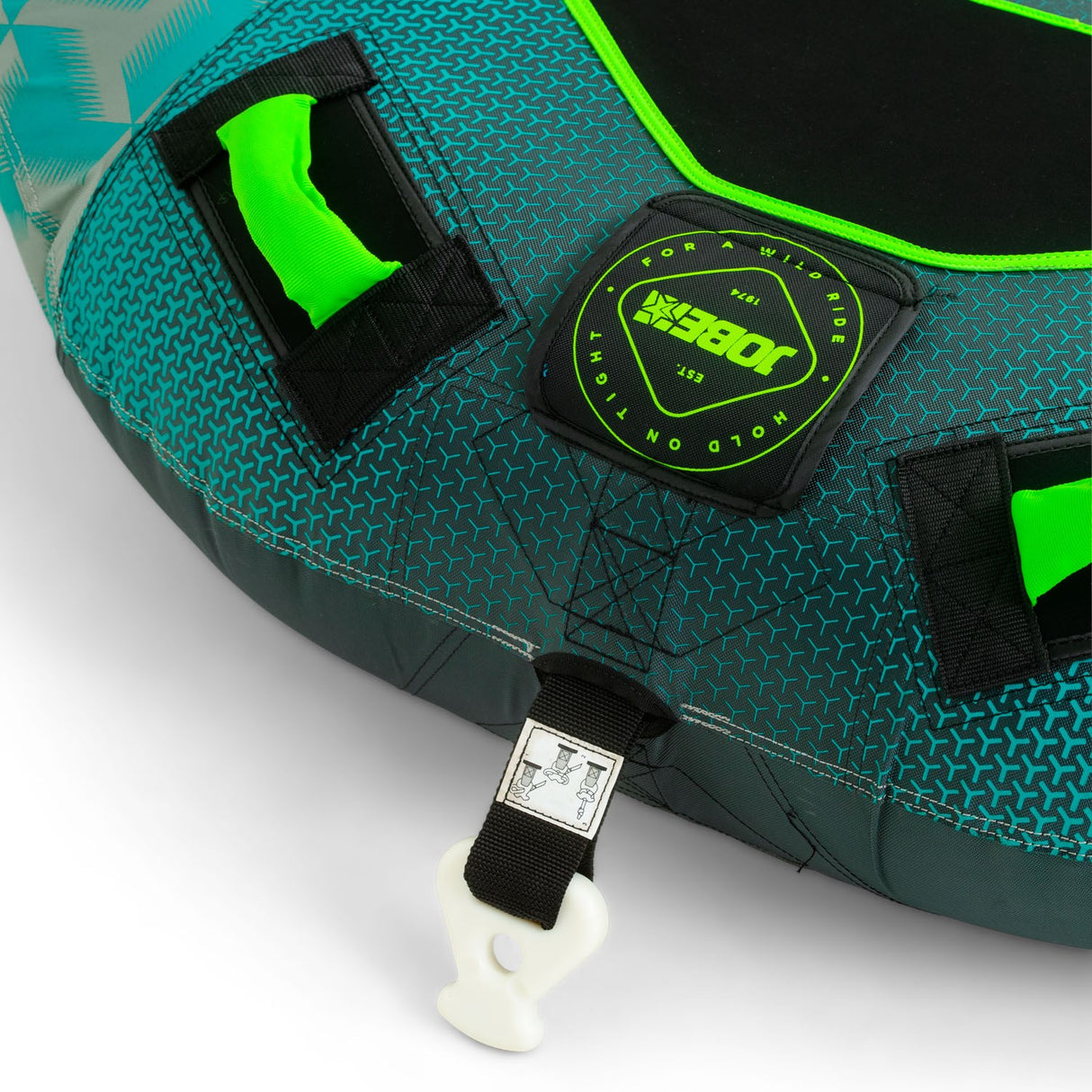 Jobe Hydra Funtube 1P detail met groene handgrepen, logo en trekhaak op grijs/turquoise patroon