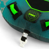 Jobe Hydra Funtube 1P detail met groene handgrepen, logo en trekhaak op grijs/turquoise patroon