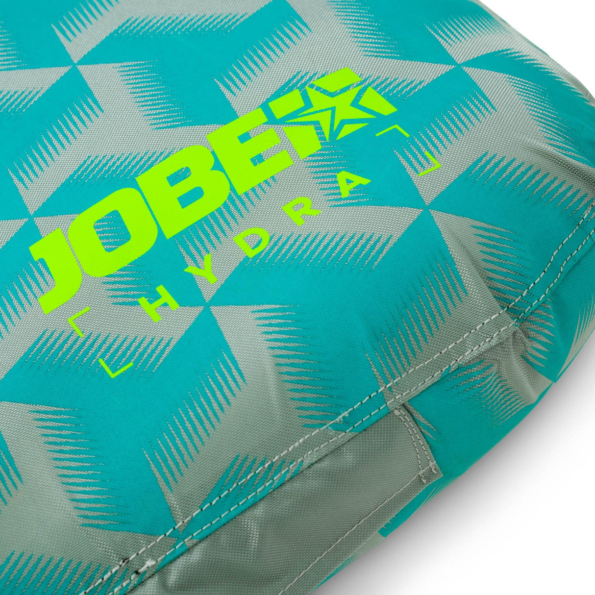Jobe Hydra Funtube 1P detail met turquoise/grijs patroon, limegroen logo en gestikte handgreep