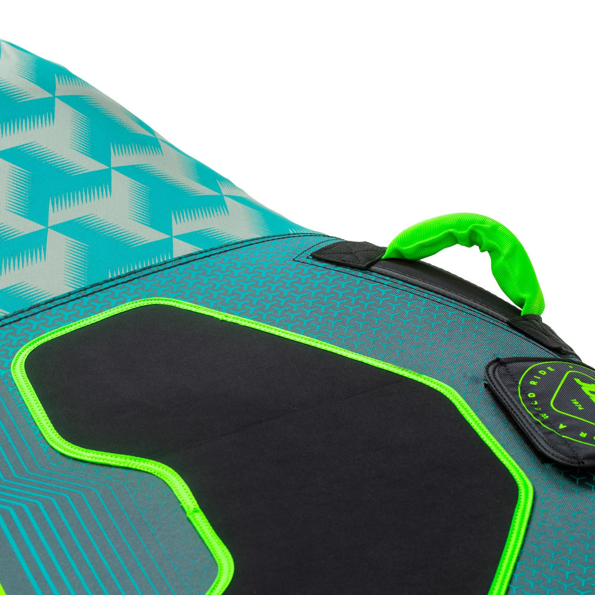 Jobe Hydra Funtube 1P detail met turquoise patroon, zwart zitvlak en groene handgreep