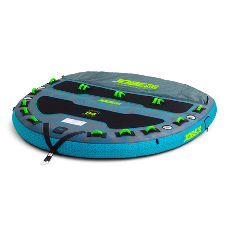 Jobe Compound Funtube 4P boven aanzicht, blauw-grijs met groene handgrepen op witte achtergrond