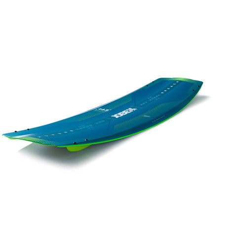 Jobe Breach Wakeboard 143 cm bovenaanzicht in blauw met groene rand en vinnen op witte achtergrond