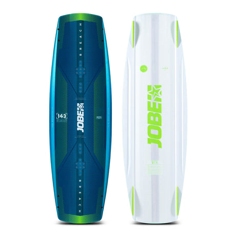 Jobe Breach Wakeboard 143 cm bovenaanzicht, blauw en wit board met groene details