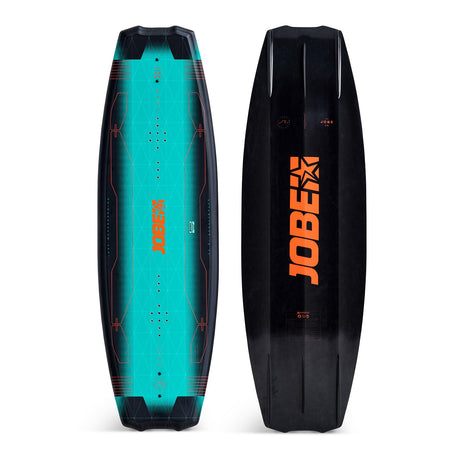 Jobe Logo Series Wakeboard bovenaanzicht, turquoise deck en zwarte onderzijde met oranje logo