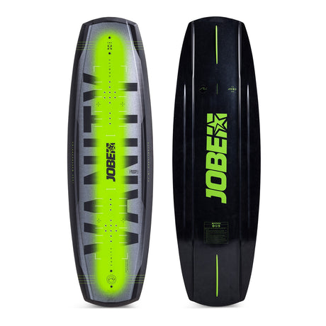 Jobe Vanity Wakeboard boven aanzicht met groen, zwart en grijs design, boven- en onderzijde zichtbaar