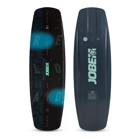 Jobe Reload Kabel Wakeboard boven aanzicht met zwart-turquoise deck en donkere onderzijde met Jobe-logo
