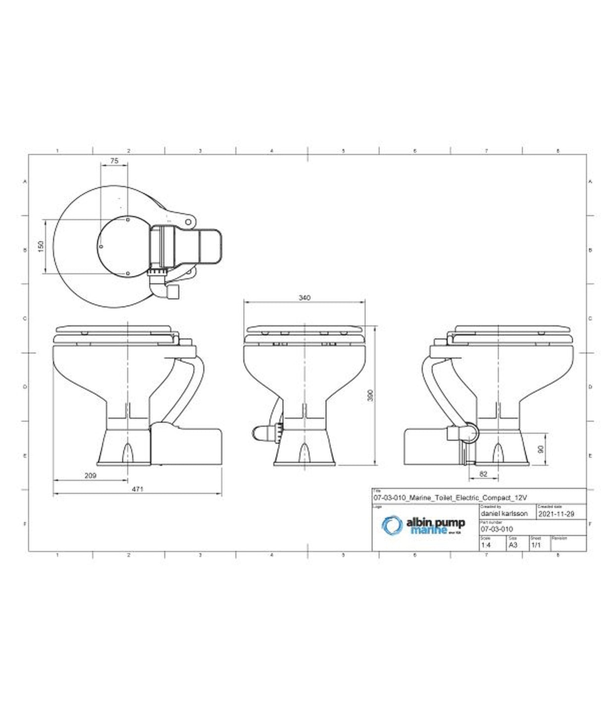 Albinus Elektrisch compact toilet 24V – stille werking