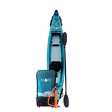 MOAI Kanaloa 1P inhoud verpakking met turquoise kajak, peddel, pomp en draagtas