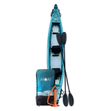 MOAI Kanaloa 2P inhoud verpakking met turquoise kajak, peddels, pomp en draagtas
