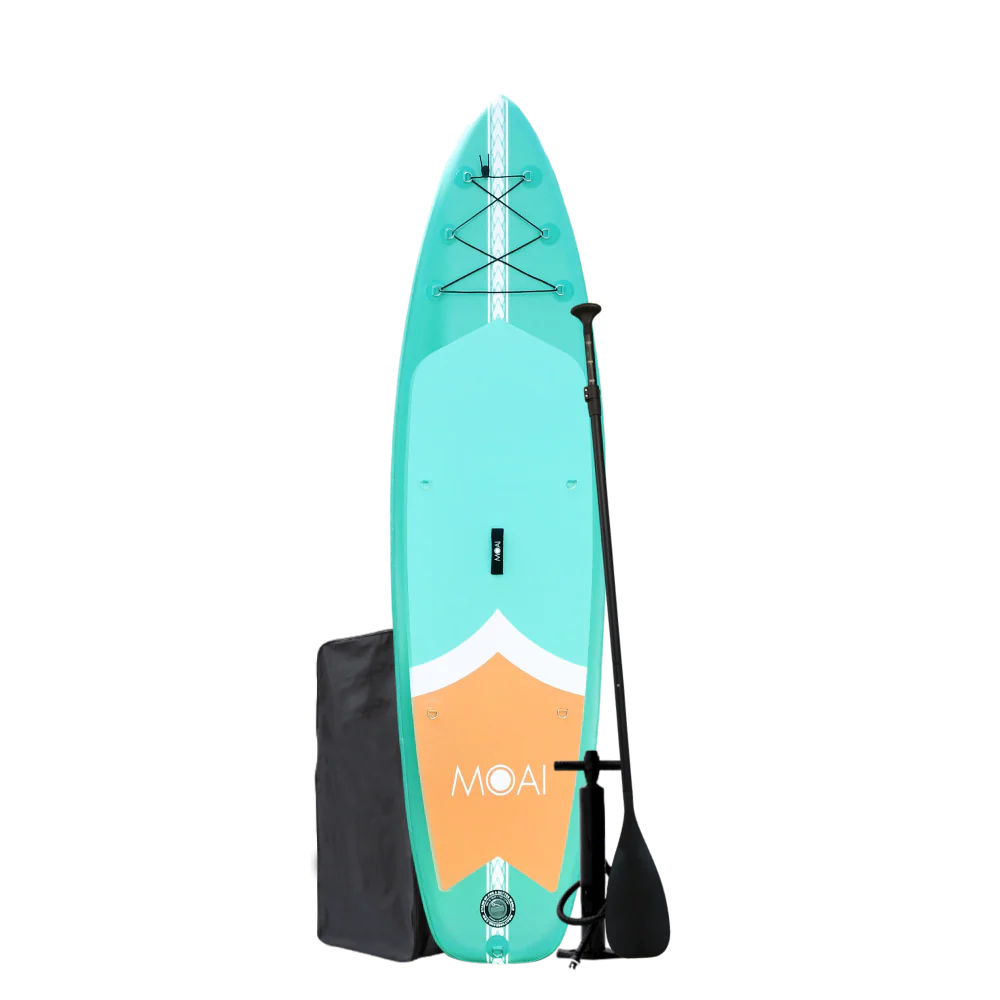 MOAI LITE 10’ inhoud verpakking met turquoise supboard, zwarte peddel en draagtas