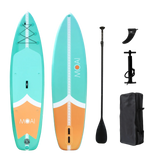 MOAI LITE 10’ inhoud verpakking met turquoise SUP-board, peddel, pomp, vin en draagtas