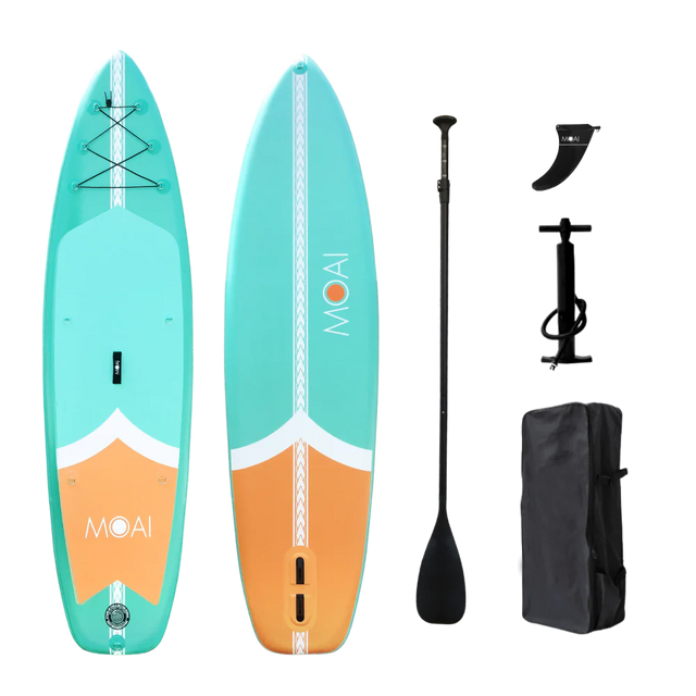MOAI LITE 10’ inhoud verpakking met turquoise SUP-board, peddel, pomp, vin en draagtas