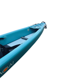 MOAI Kanaloa 1P binnenkant, turquoise kajak met zitbank, bungeekoord en zwarte accenten