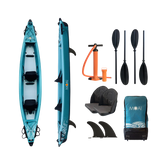 MOAI Kanaloa 2P inhoud verpakking met turquoise kajak, peddels, pomp, stoelen, vinnen en tas